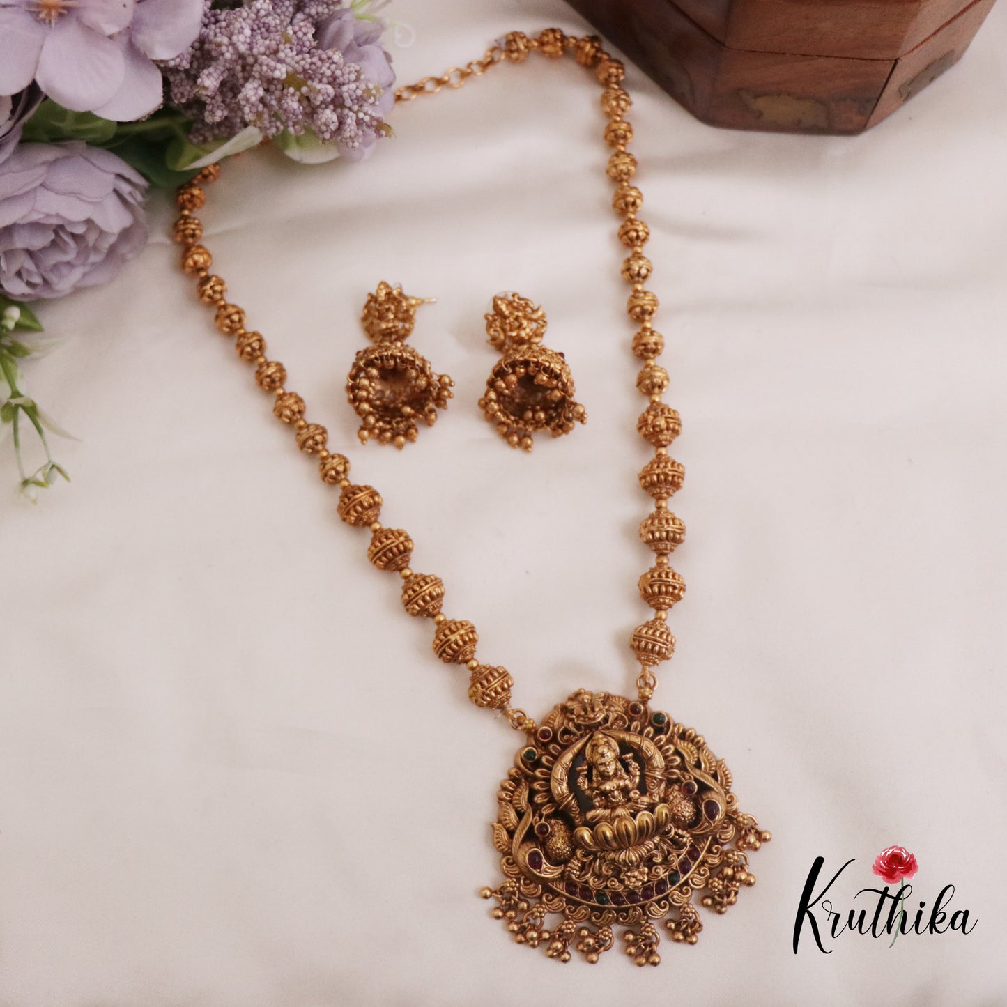Trendy Temple Lakshmi Pendant Necklace with Golden Beads Drops NC2324