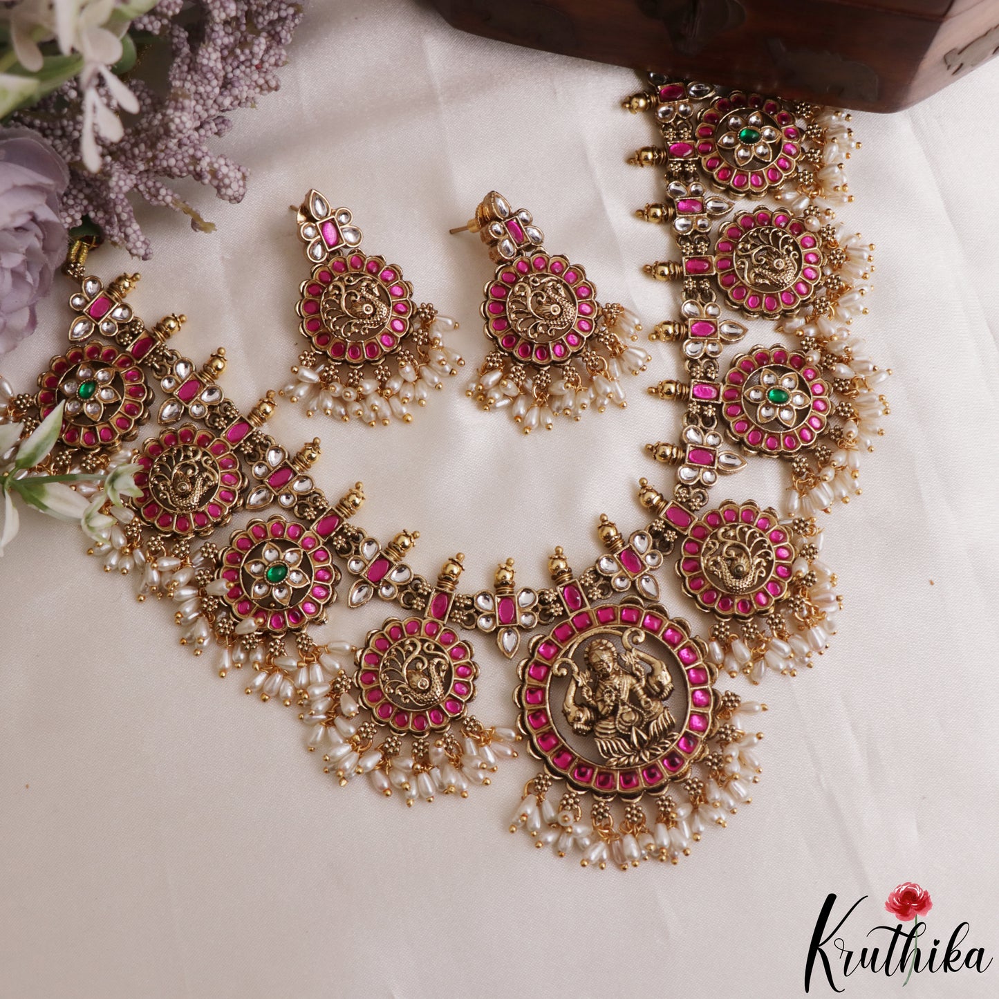 Royal Antique Lakshmi Bottu Jadau Haaram With Rice Pearl Drops NC3172