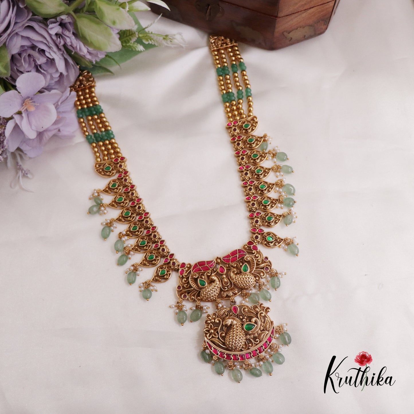 Elegant AD Peacock Jadau Necklace with Pastel Green Beads Drops NC2361