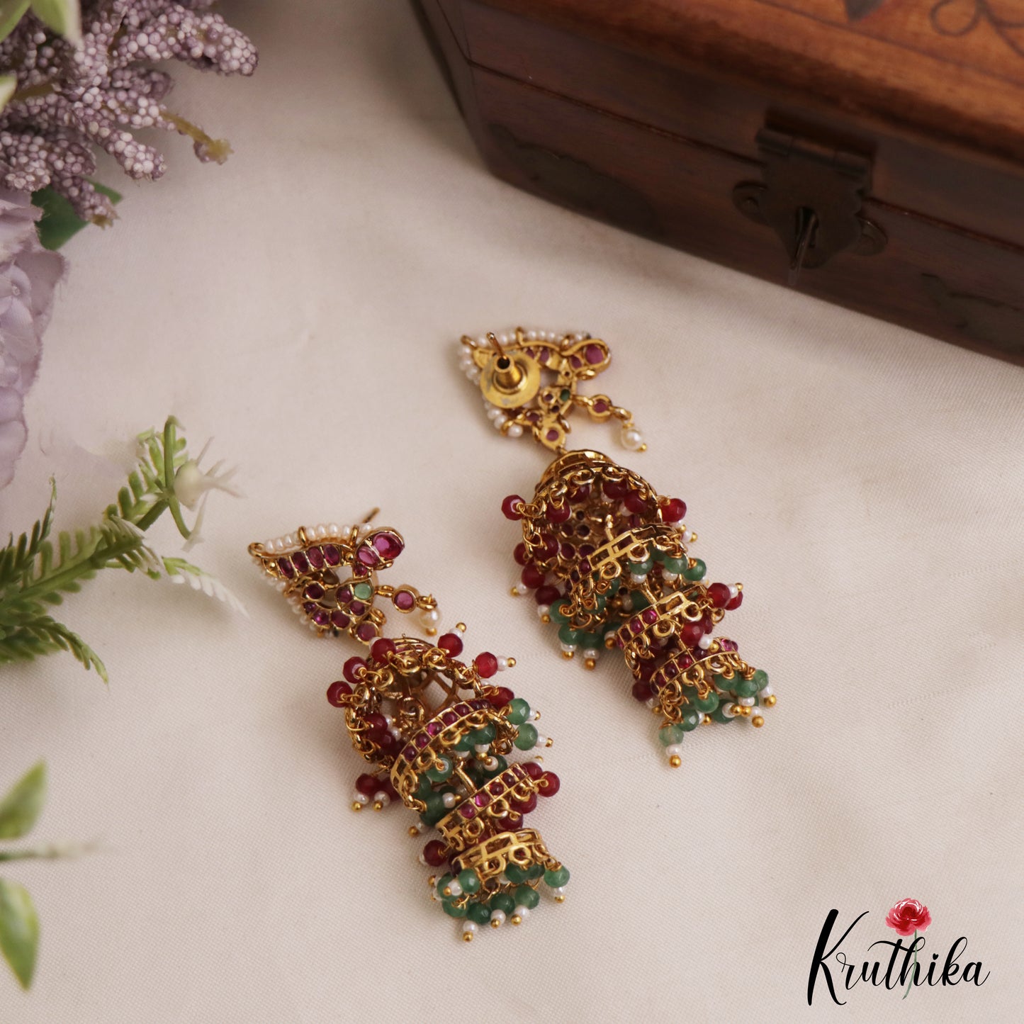 Gorgeous Peacock Motifs Kemp Jhumkas With Pearl Bead Drops E1109
