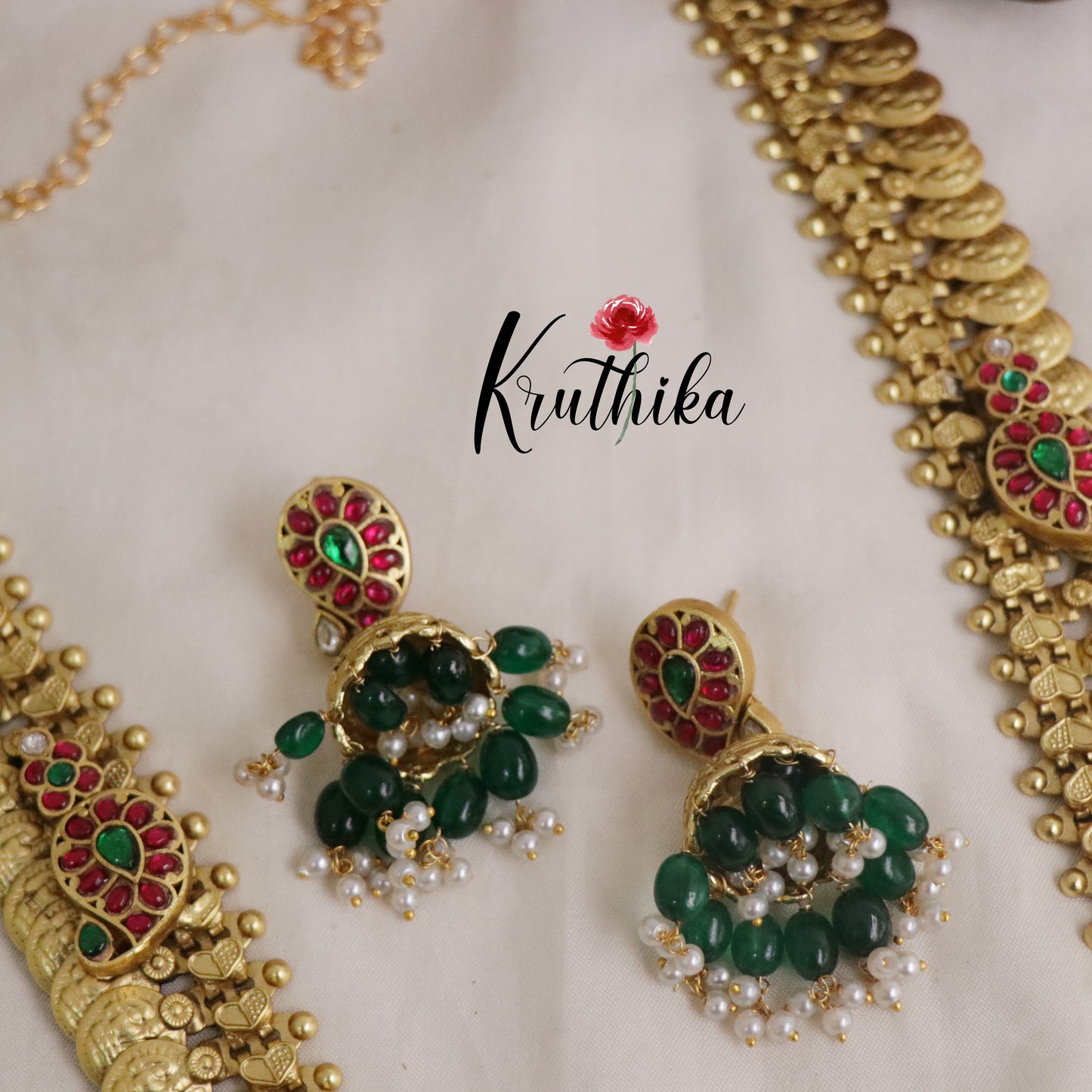 Pre order-Royal Peacock Antique Jadau Kasu Haram with Pearl Drops LH1930-Pre order 20 to 25 days (Available in Colours)