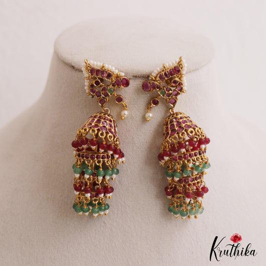 Gorgeous Peacock Motifs Kemp Jhumkas With Pearl Bead Drops E1109