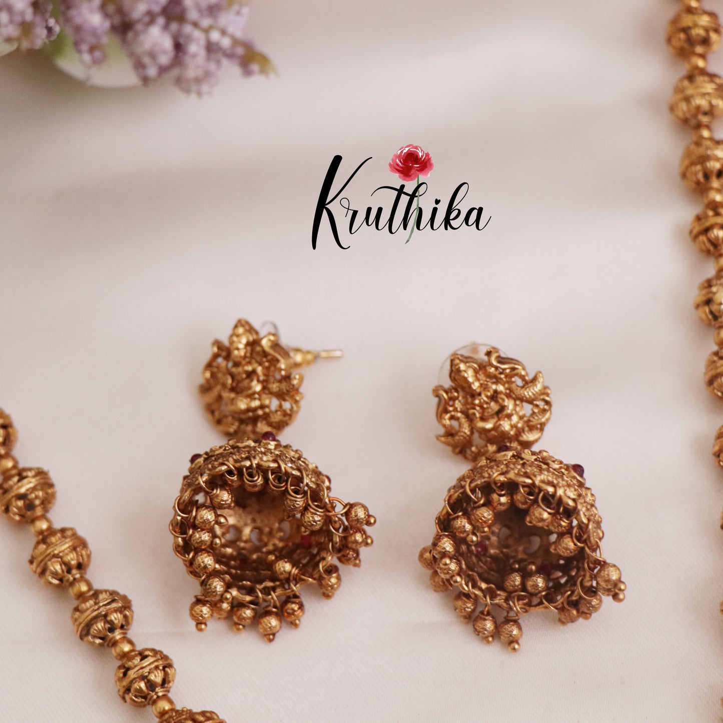 Trendy Temple Lakshmi Pendant Necklace with Golden Beads Drops NC2324