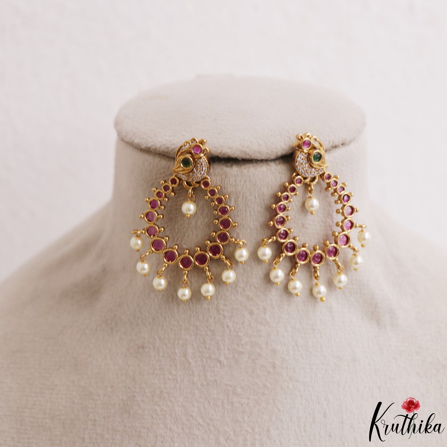 Trendy Peacock Motifs Chandbali Earrings With Pearl Drops E1222