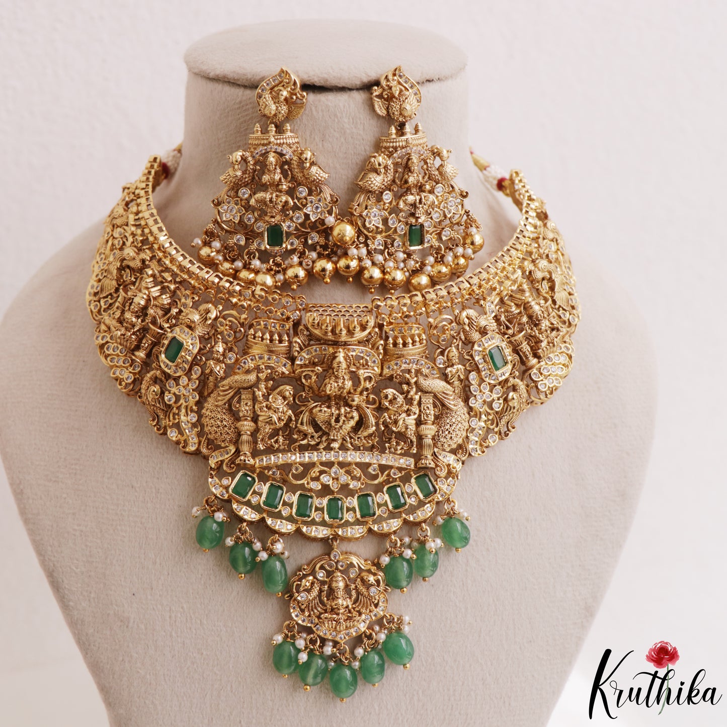 Premium Antique Nagas Lakshmi Peacock Motifs Temple Choker With Bead Drops NC3164 (Available In 2 Colors)