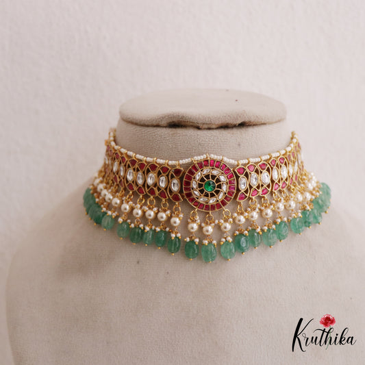 Stunning Floral Jadau Choker With Pearl And Bead Drops NC2687
