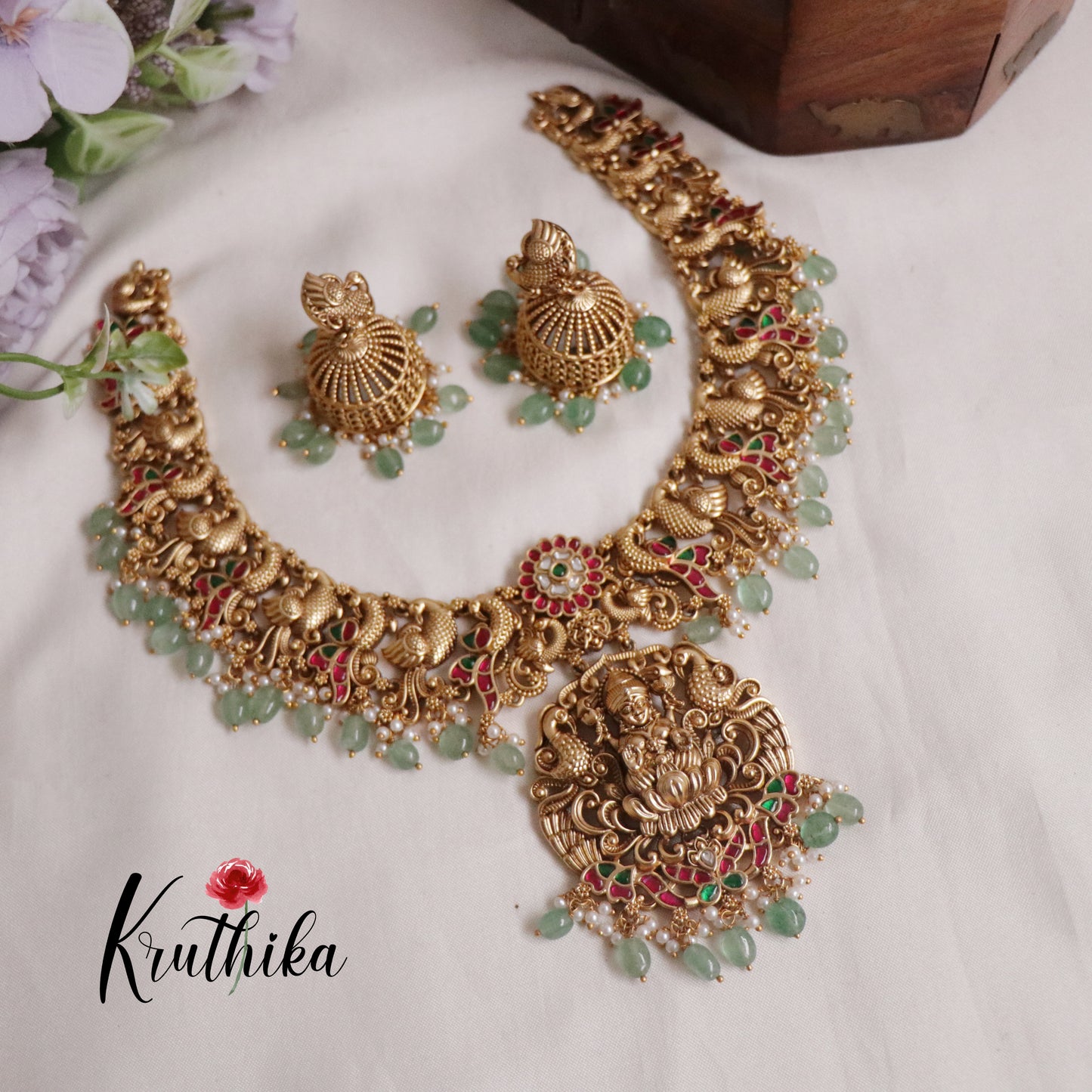 Premium Temple Lakshmi Jadau Necklace with Beads Drops NC2170 (Available in 2 Colours)