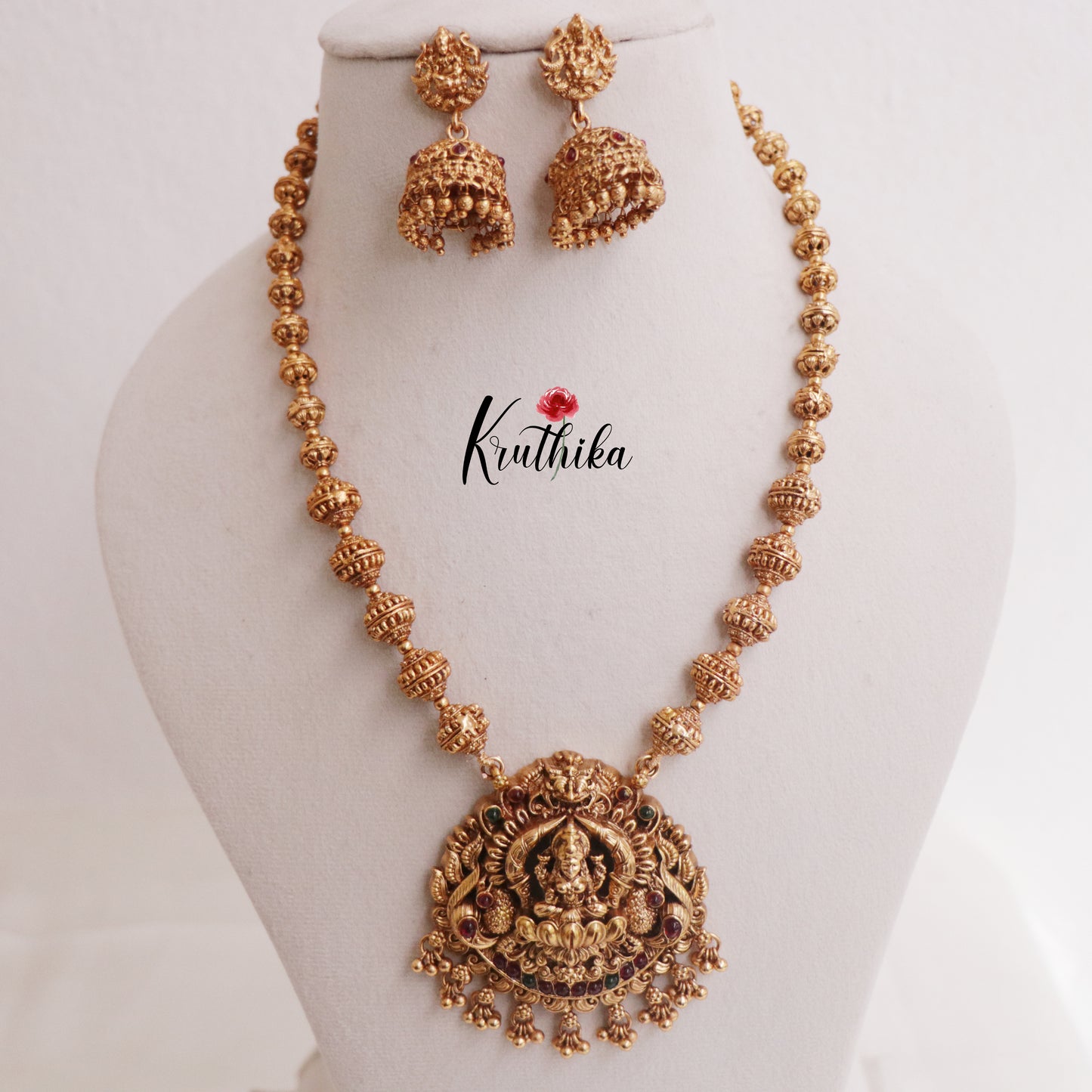 Trendy Temple Lakshmi Pendant Necklace with Golden Beads Drops NC2324