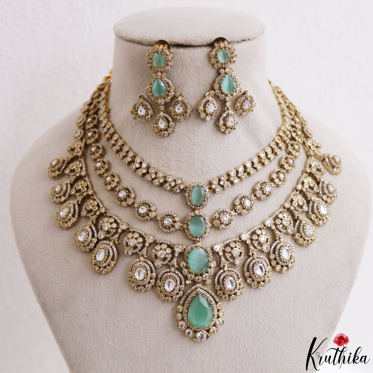 Sparkling Teardrop Motifs Multi Layered CZ Victorian Necklace NC3274 (Available In 5 Colors)