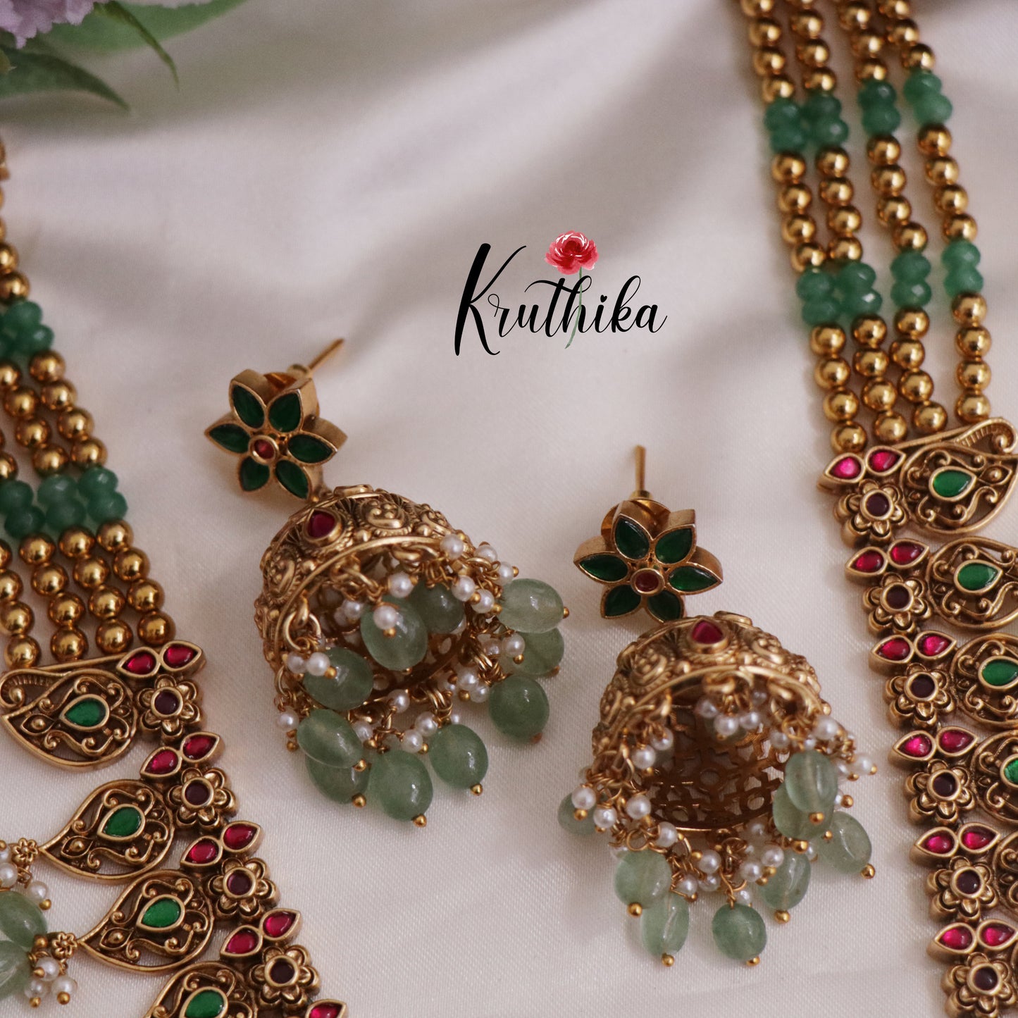 Elegant AD Peacock Jadau Necklace with Pastel Green Beads Drops NC2361
