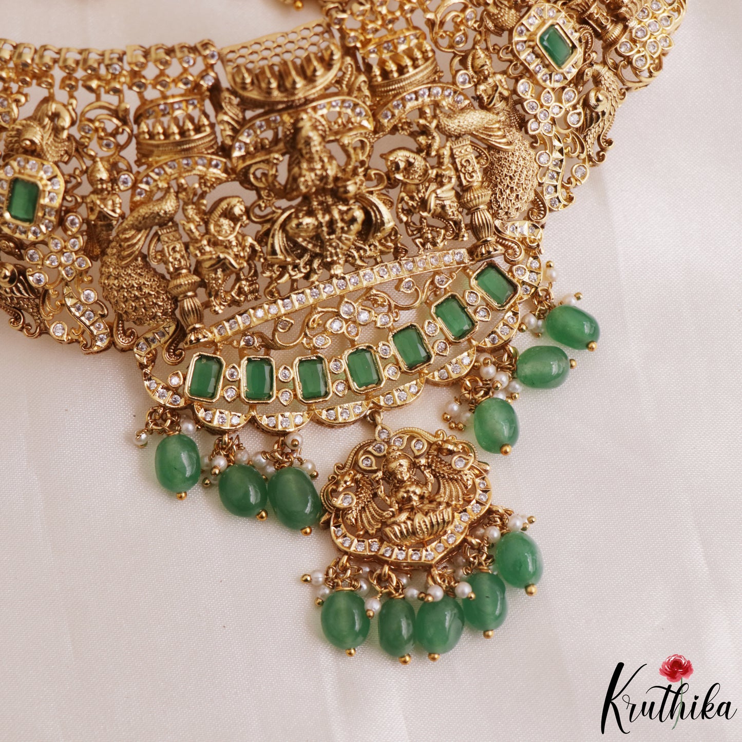 Premium Antique Nagas Lakshmi Peacock Motifs Temple Choker With Bead Drops NC3164 (Available In 2 Colors)