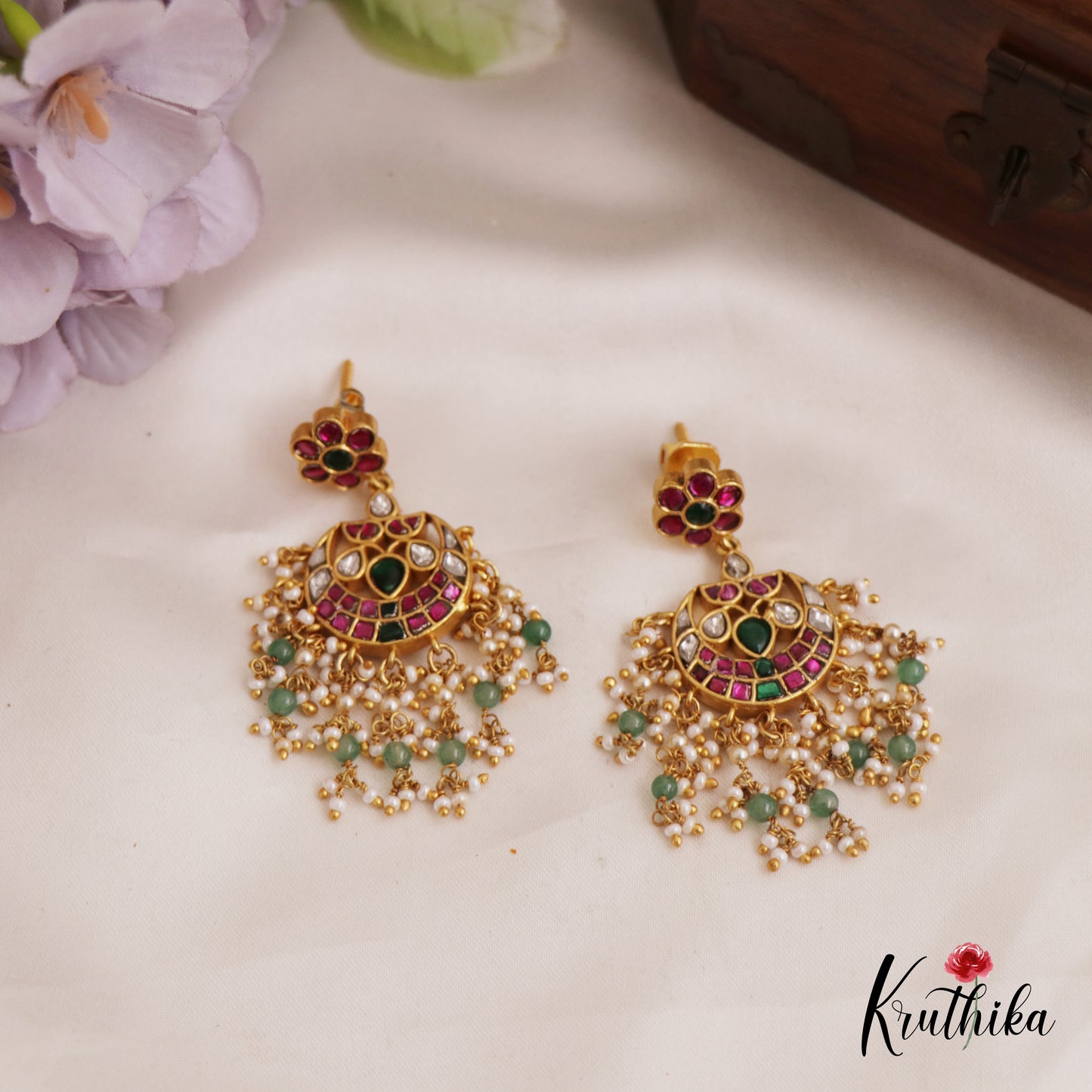 Trendy Peacock Floral Motifs Chandbali Earrings With Pearl And Bead Drops E980