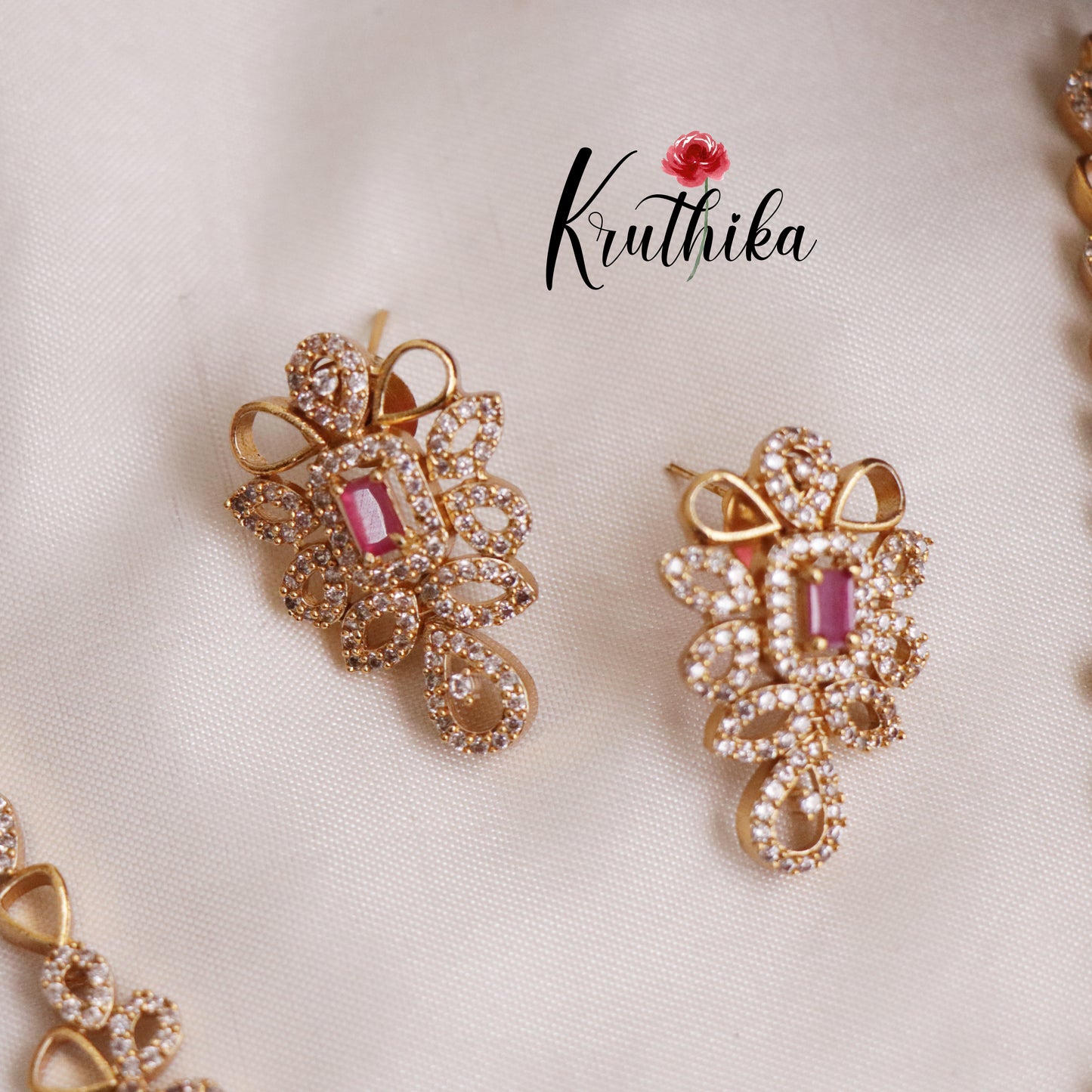 Beautiful CZ Floral Ruby and Leaf Motifs Necklace NC2125