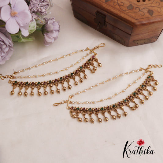 Beautiful Kemp Mango Motifs Golden Bead Drops With Multi Layered Earchains EC183