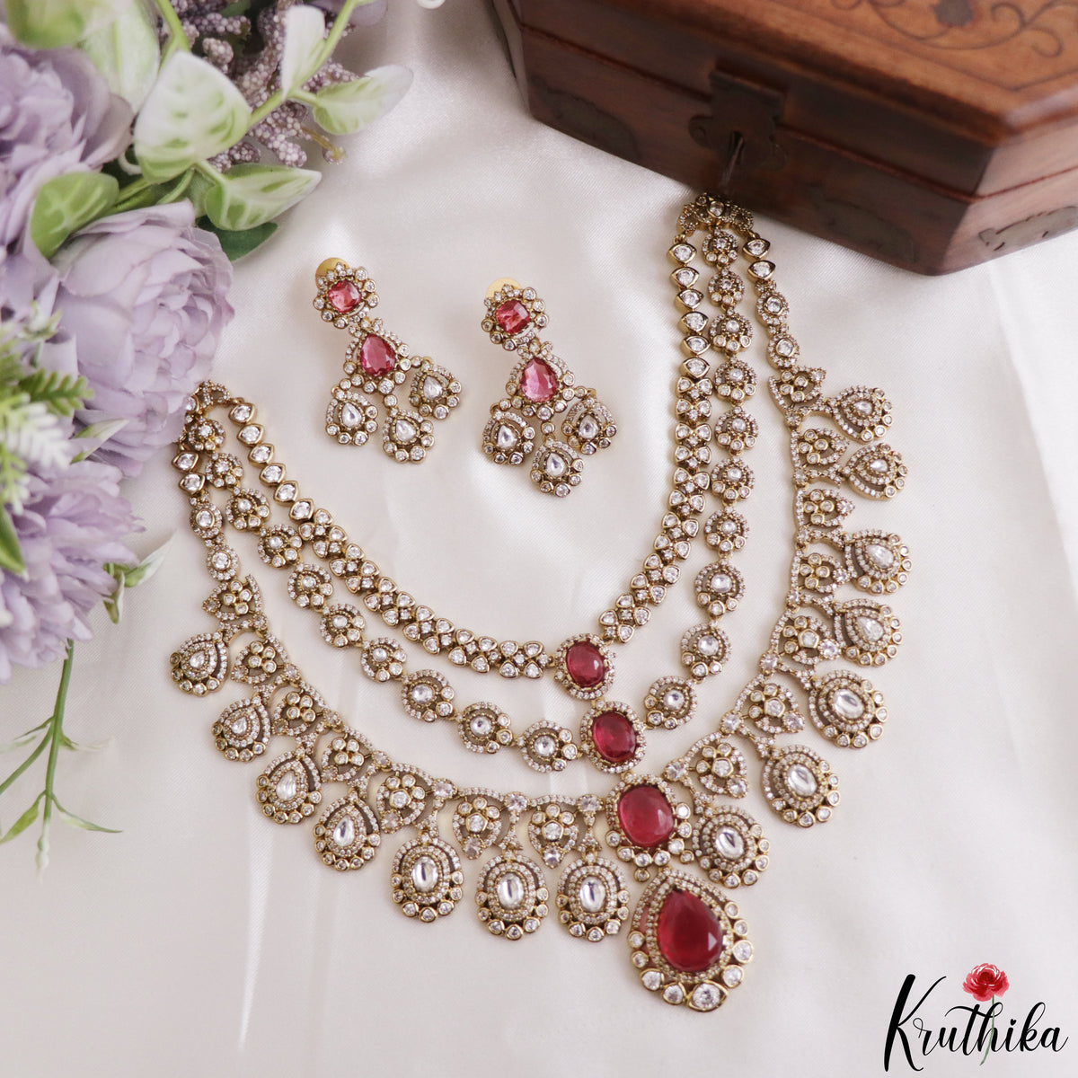 Sparkling Teardrop Motifs Multi Layered CZ Victorian Necklace NC3274 (Available In 5 Colors)
