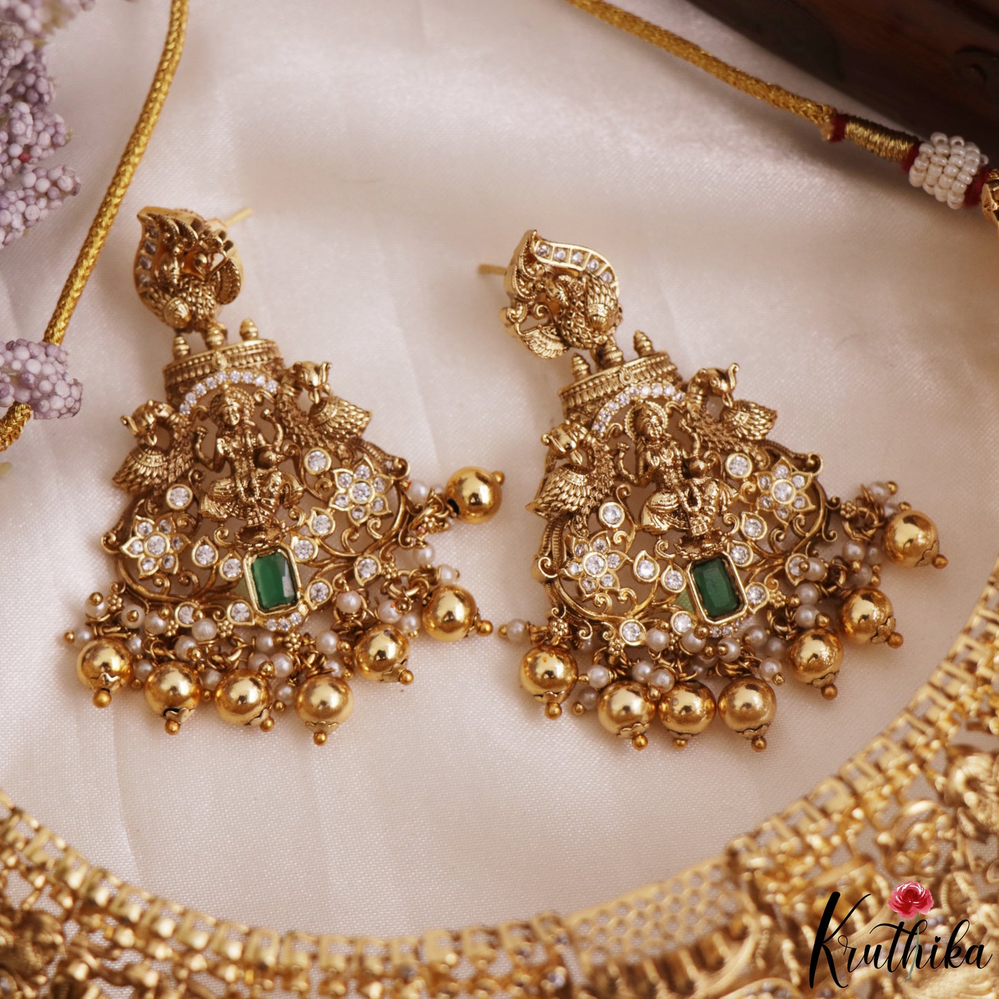 Premium Antique Nagas Lakshmi Peacock Motifs Temple Choker With Bead Drops NC3164 (Available In 2 Colors)