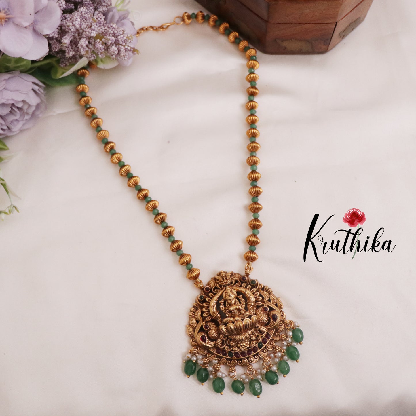 Beautiful Temple Lakshmi Necklace with Green Beads NC2317
