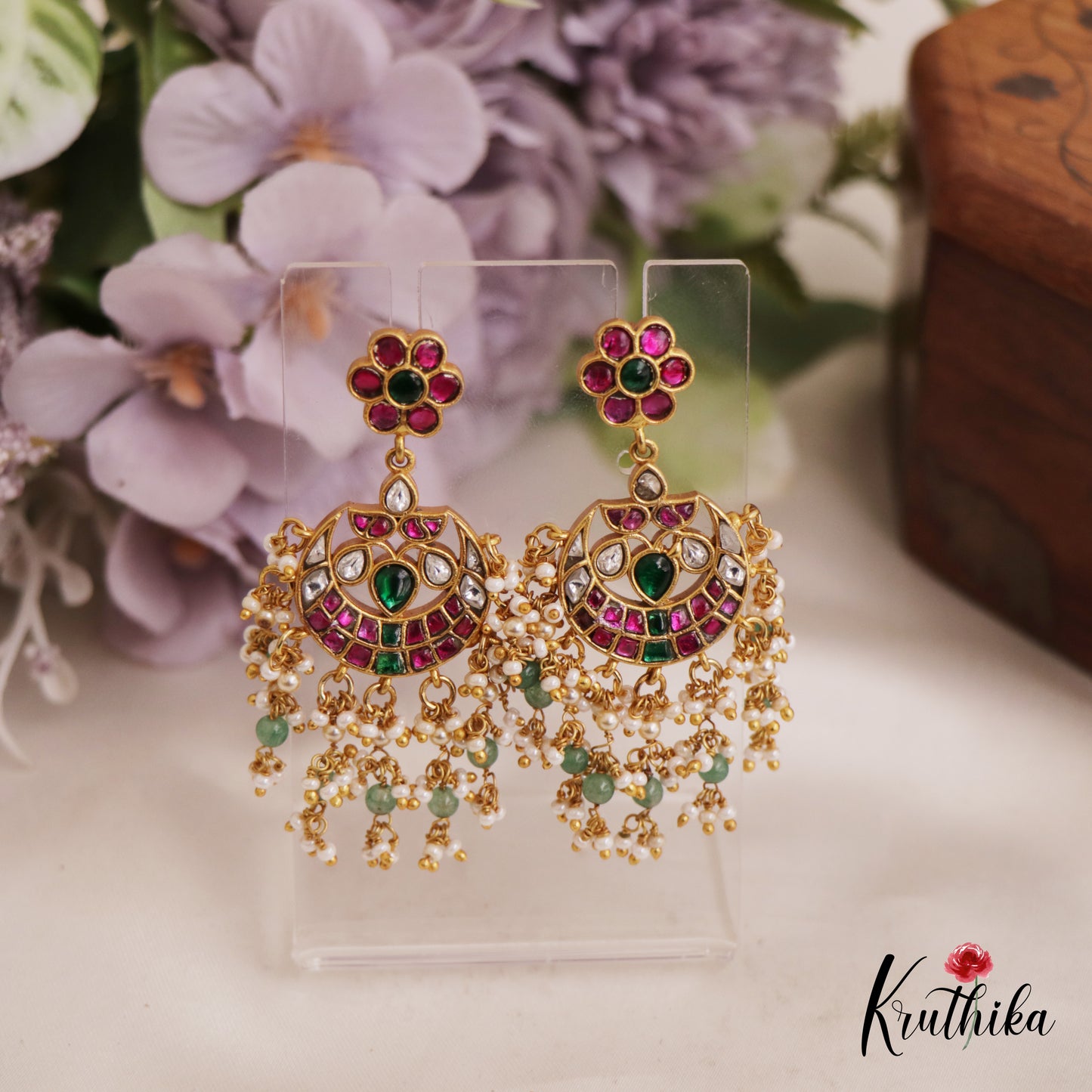 Trendy Peacock Floral Motifs Chandbali Earrings With Pearl And Bead Drops E980