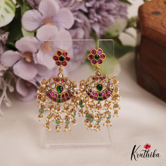 Trendy Peacock Floral Motifs Chandbali Earrings With Pearl And Bead Drops E980