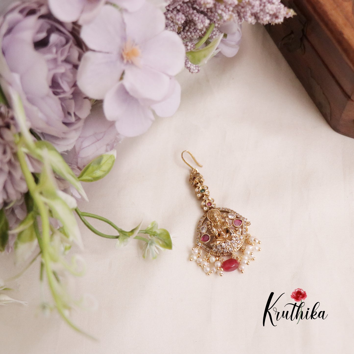 Beautiful CZ Temple Lakshmi Maang Tikkas with Pearl Drops MT275 (Available in 2 Colors)