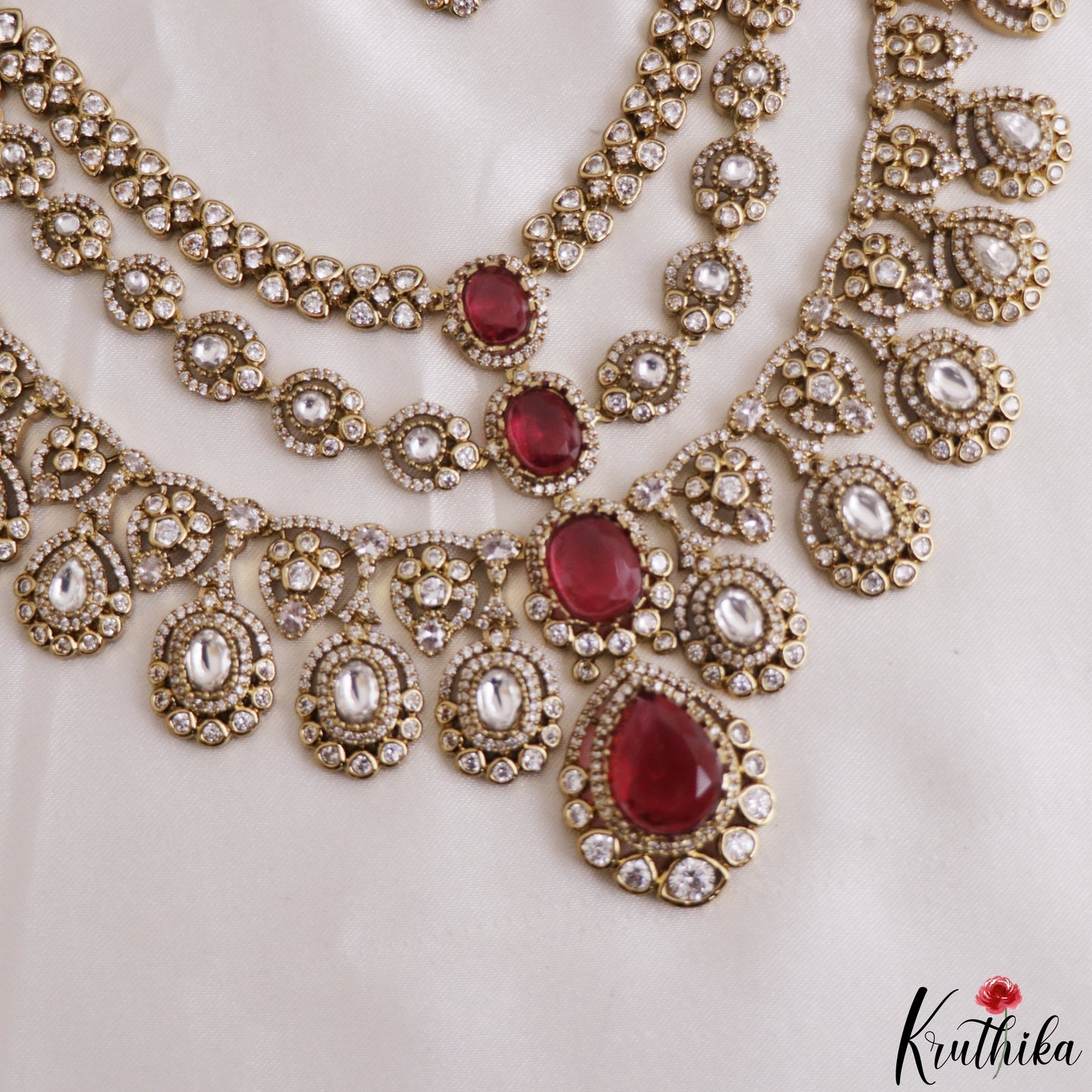Sparkling Teardrop Motifs Multi Layered CZ Victorian Necklace NC3274 (Available In 5 Colors)