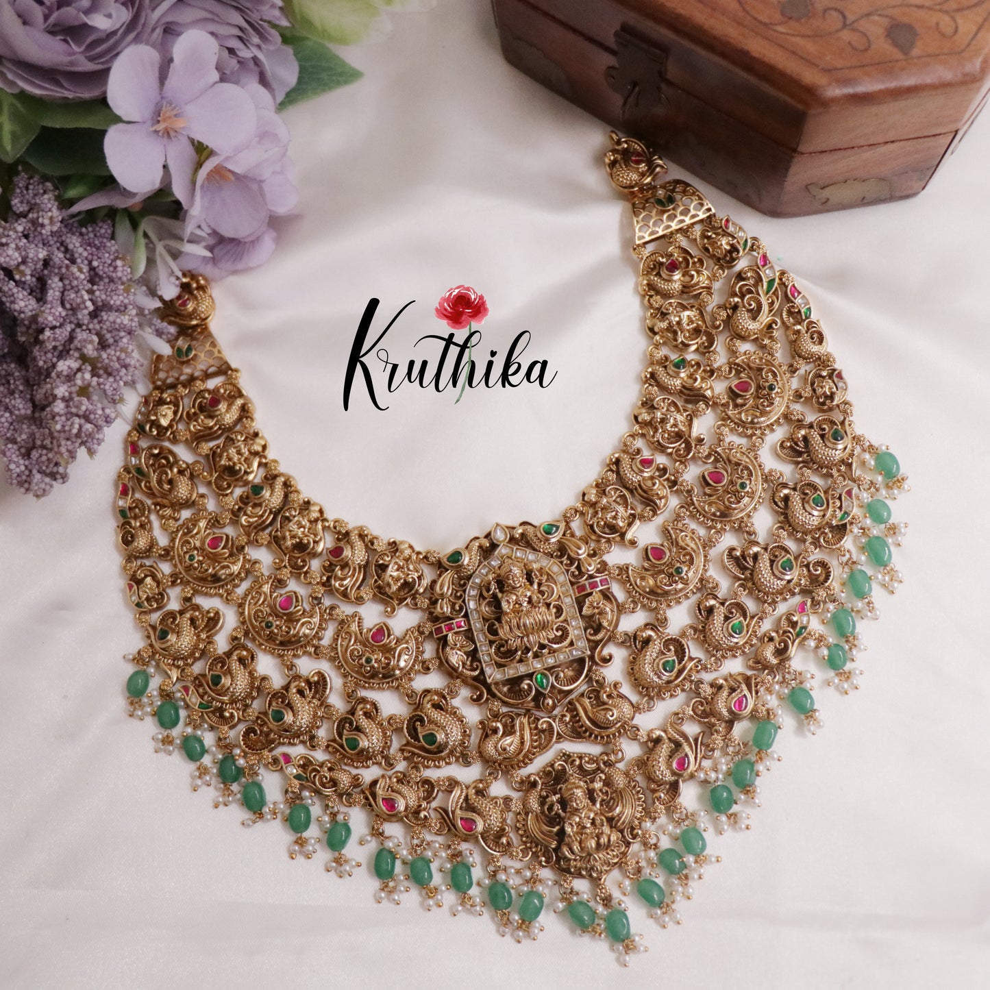 Premium Bridal Three Layer Temple Lakshmi and Peacock Jadau Necklace with Pastel Green Beads NC2260