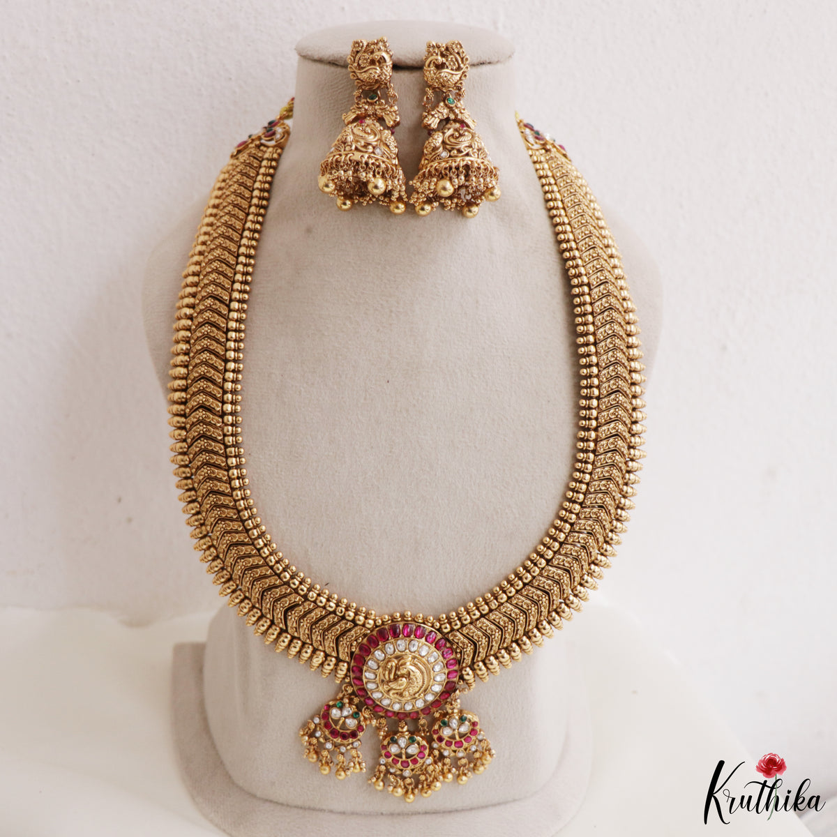 Elegant Peacock Gold Replica Jadau Long Haaram Set with Triple Earring Hangings LH2505