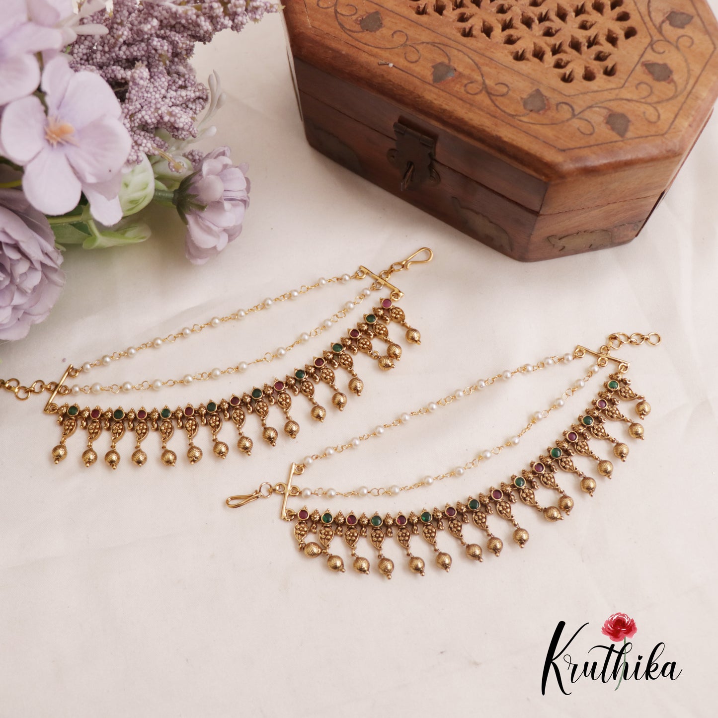 Beautiful Kemp Mango Motifs Golden Bead Drops With Multi Layered Earchains EC183
