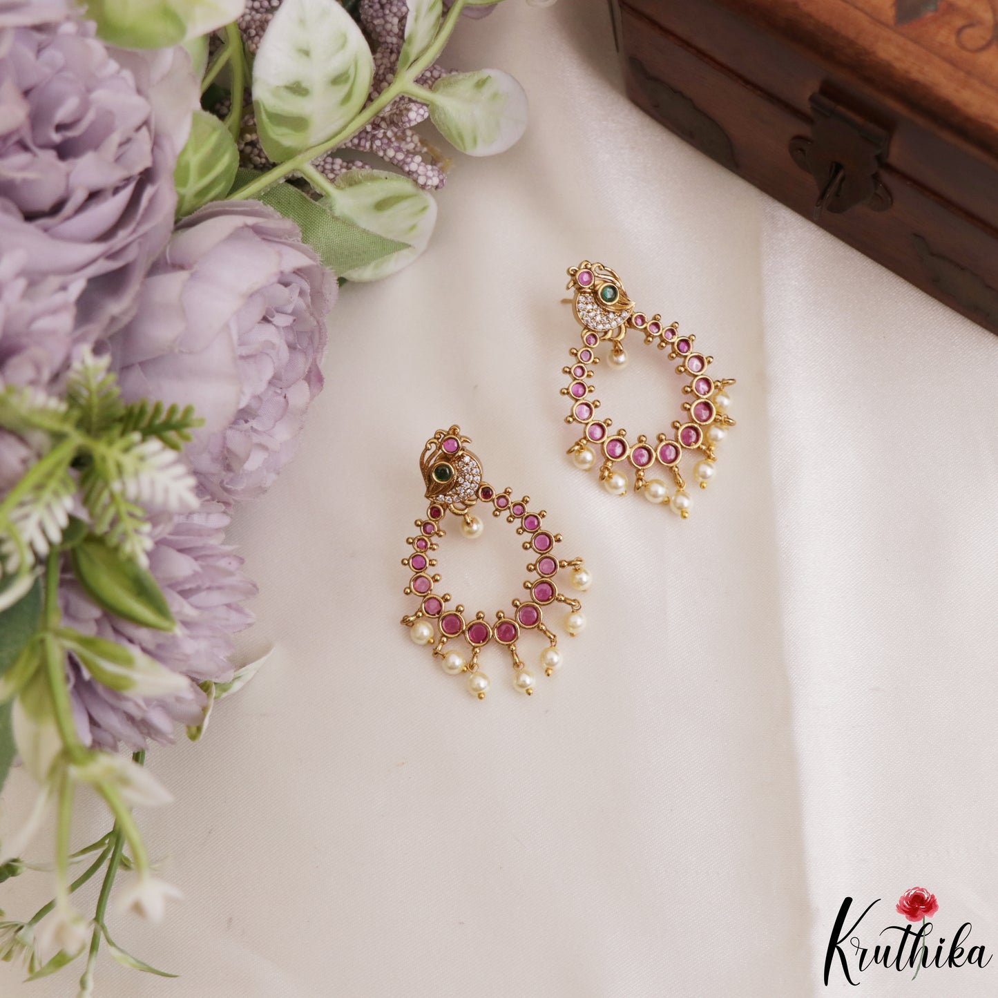 Trendy Peacock Motifs Chandbali Earrings With Pearl Drops E1222