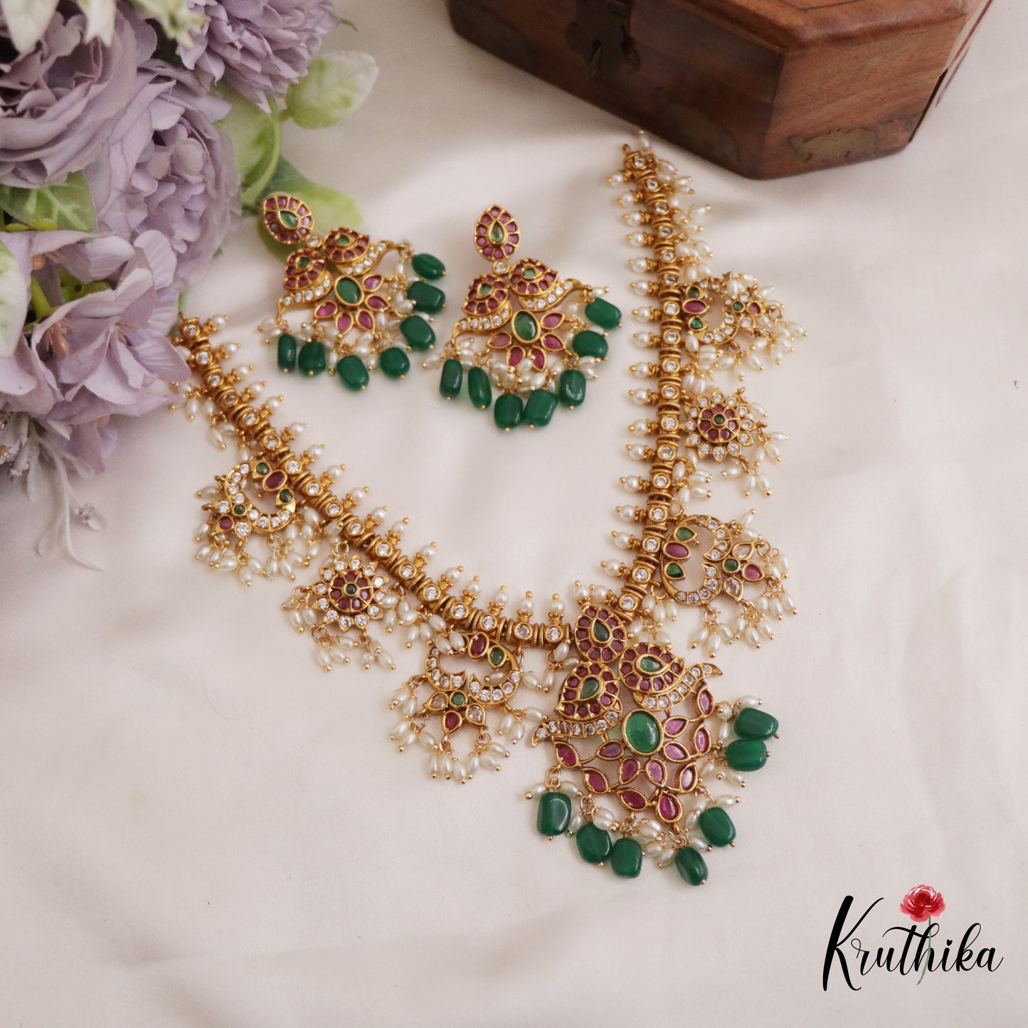 Gorgeous Kemp Floral Mango Motifs Guttapoosalu Necklace With Green Bead Drops NC2650
