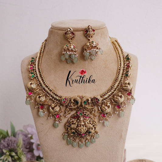 Royal Antique Jadau Lakshmi Pendant and Peacock Necklace NC2231 (Available in 3 Colours)
