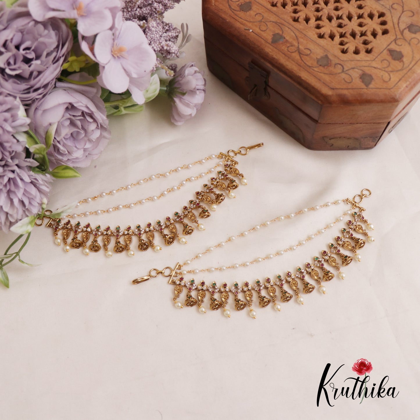 Classic Mango Motifs Pearl Drops Jhumka With Three Layered Earchains EC170