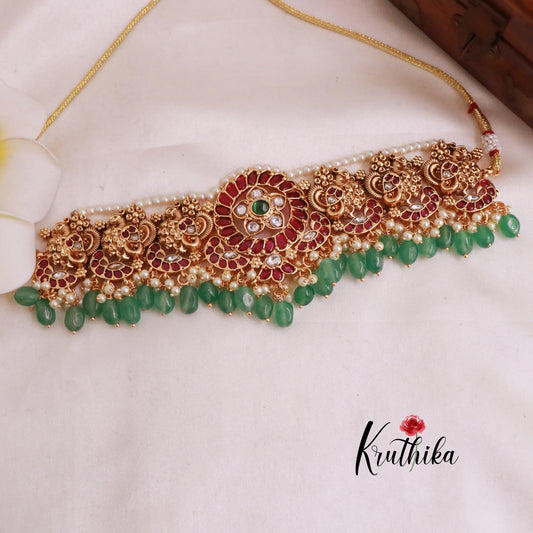 Premium kemp floral choker with green beads NC2015