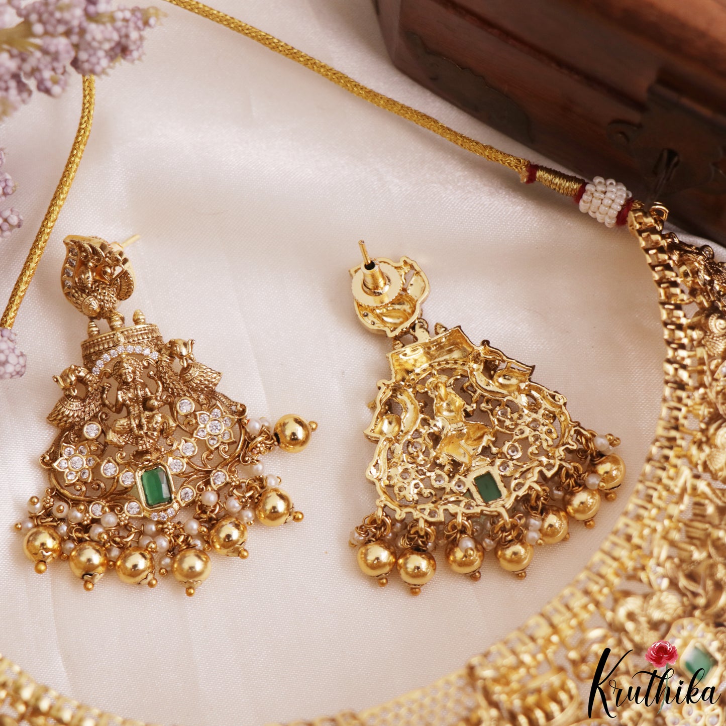 Premium Antique Nagas Lakshmi Peacock Motifs Temple Choker With Bead Drops NC3164 (Available In 2 Colors)