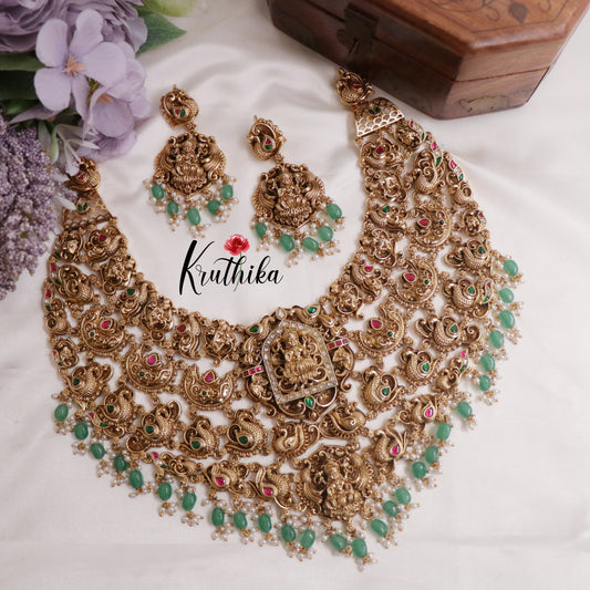Premium Bridal Three Layer Temple Lakshmi and Peacock Jadau Necklace with Pastel Green Beads NC2260