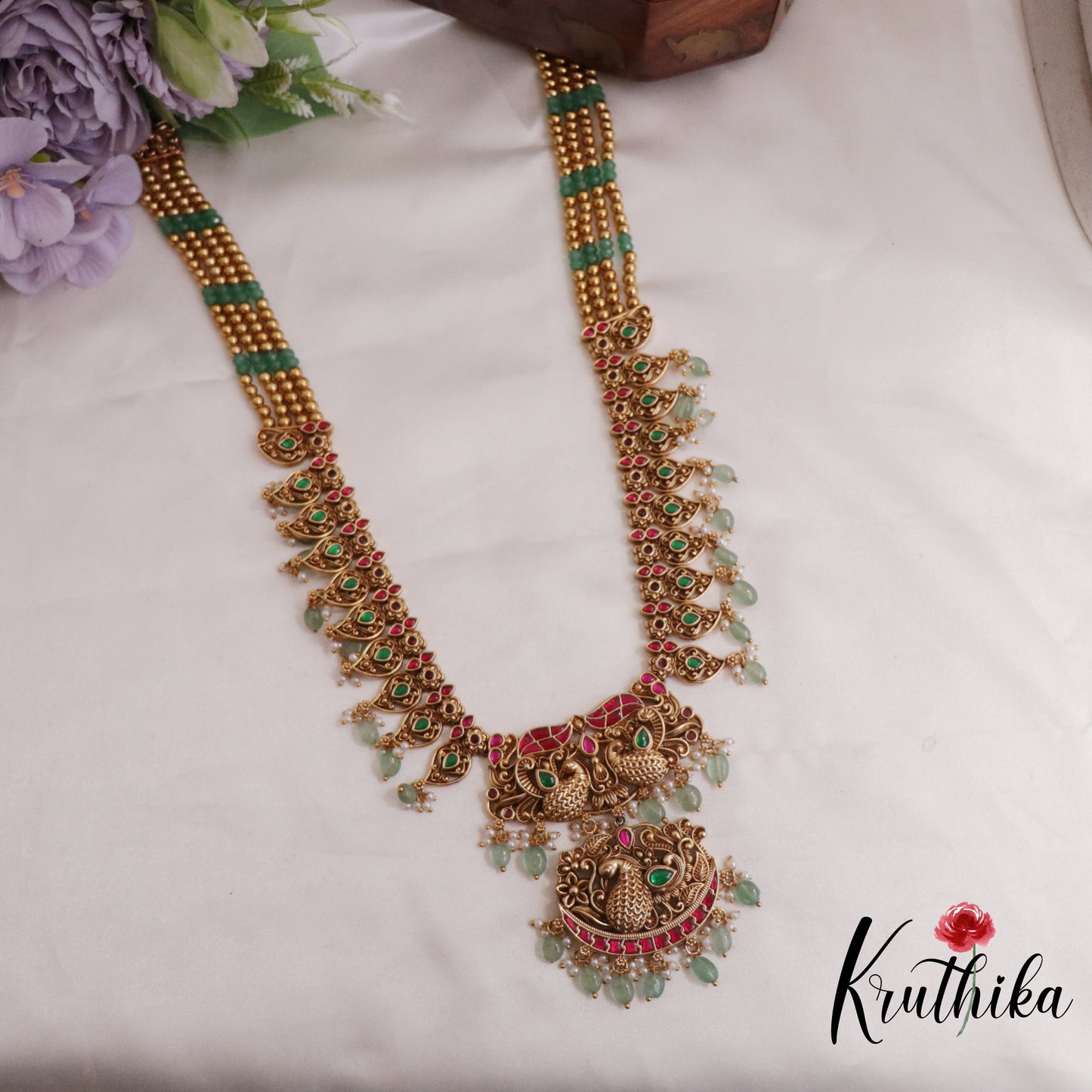 Elegant AD Peacock Jadau Haaram with Pastel Green Beads Drops LH1975