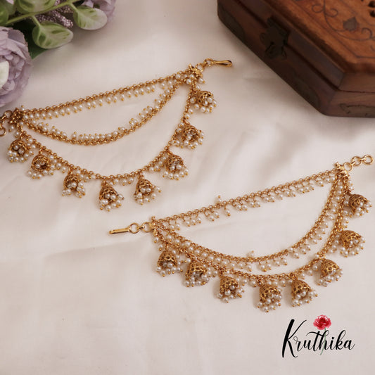 Gorgeous Triple Pearl Beaded Earchains With Jhumka Pearl Drops EC193