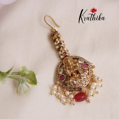 Beautiful CZ Temple Lakshmi Maang Tikkas with Pearl Drops MT275 (Available in 2 Colors)