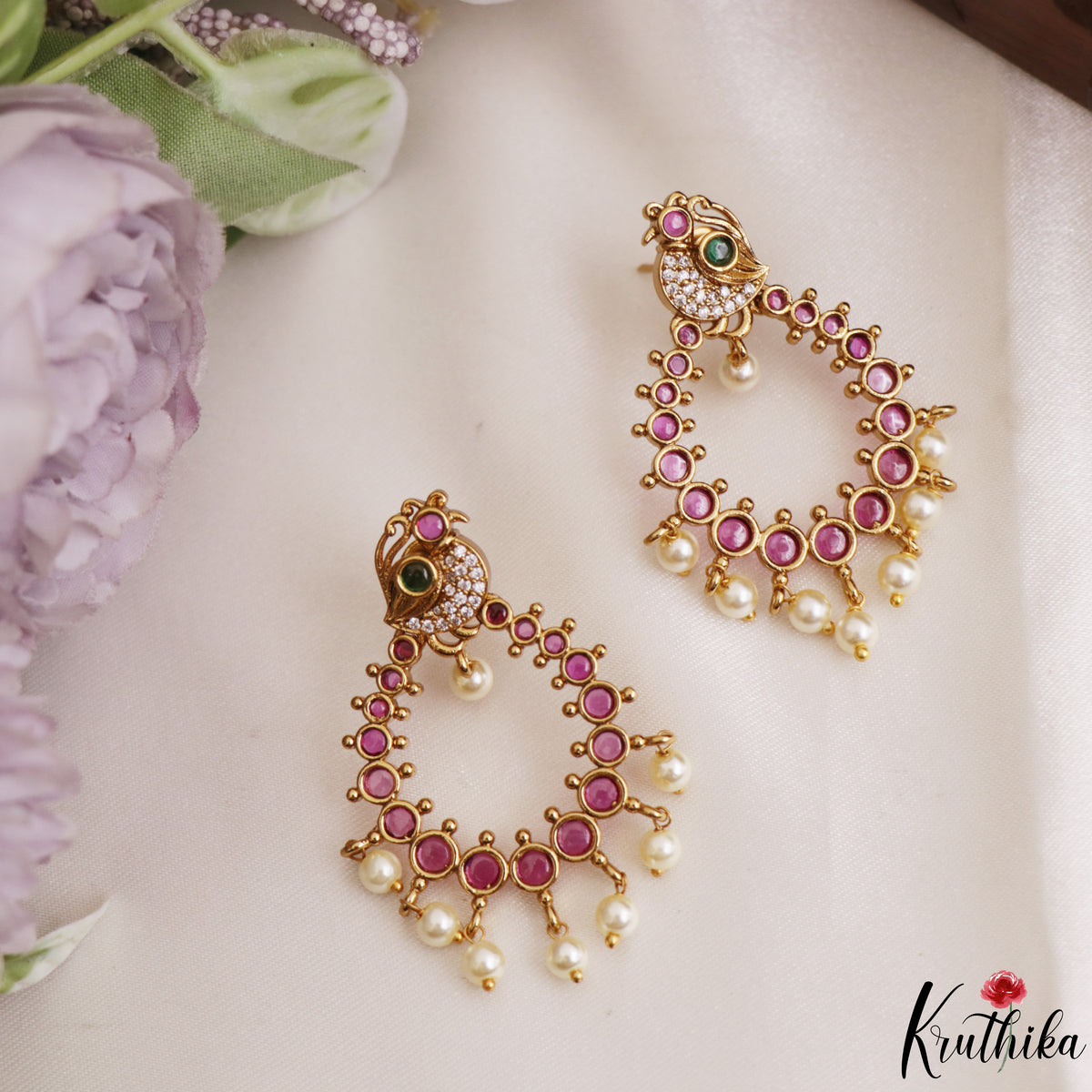 Trendy Peacock Motifs Chandbali Earrings With Pearl Drops E1222