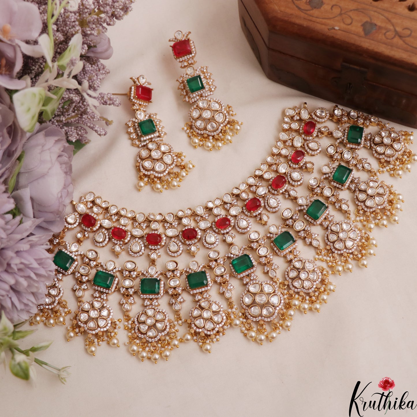 Grand Floral Motifs Polki Victorian Choker With Pearl Drops NC3019 (Available In 4 Colors)