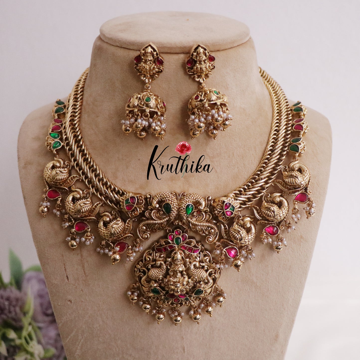 Royal Antique Jadau Lakshmi Pendant and Peacock Necklace NC2231 (Available in 3 Colours)