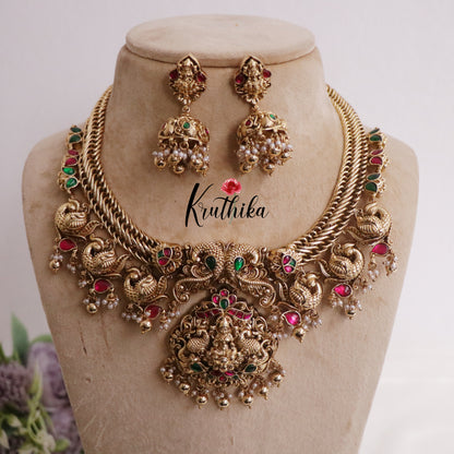Royal Antique Jadau Lakshmi Pendant and Peacock Necklace NC2231 (Available in 3 Colours)