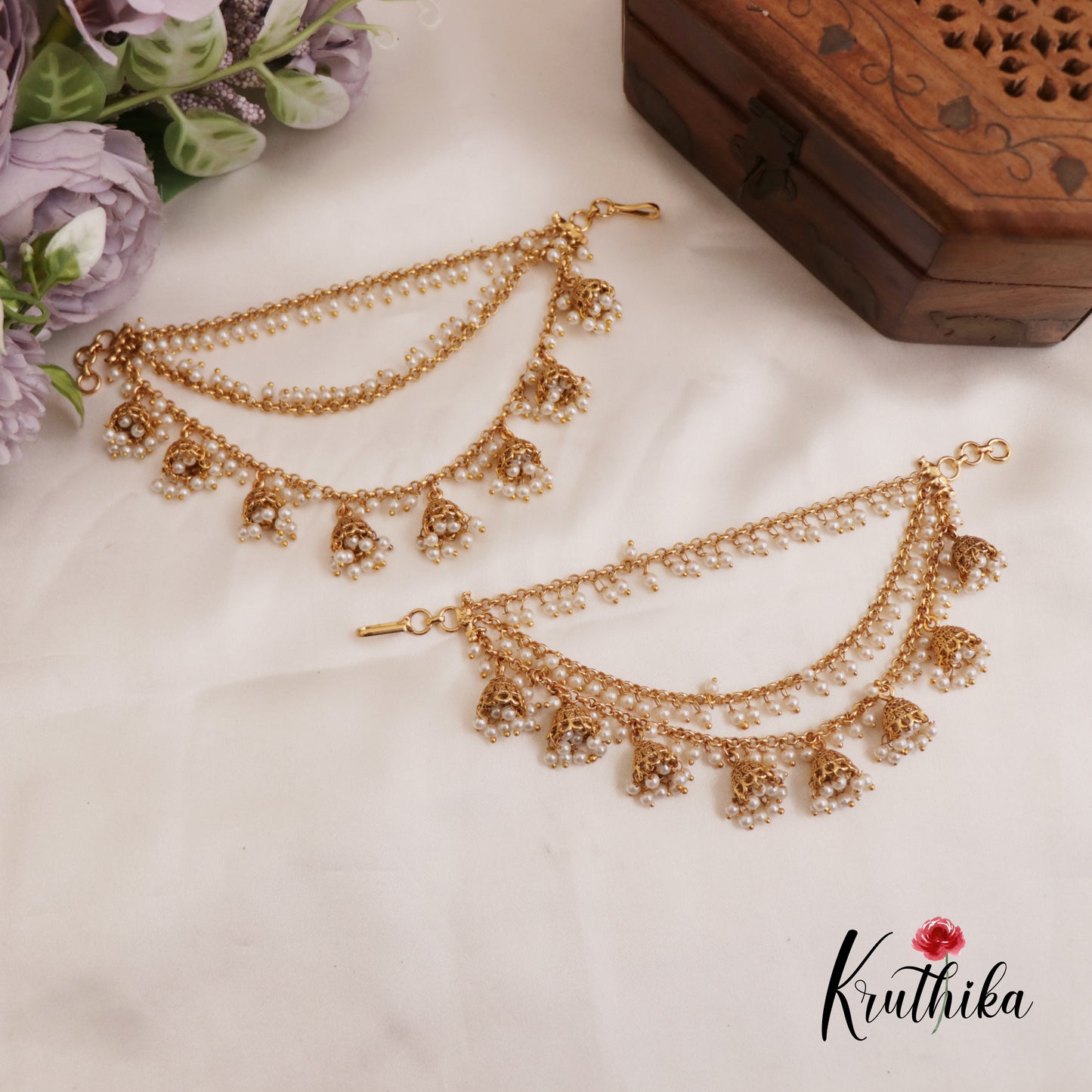 Gorgeous Triple Pearl Beaded Earchains With Jhumka Pearl Drops EC193