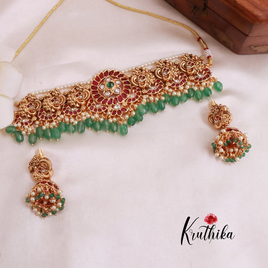 Premium kemp floral choker with green beads NC2015