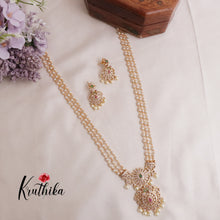 Elegant Three Layer Pearls Haaram with AD peacock pendant LH1890