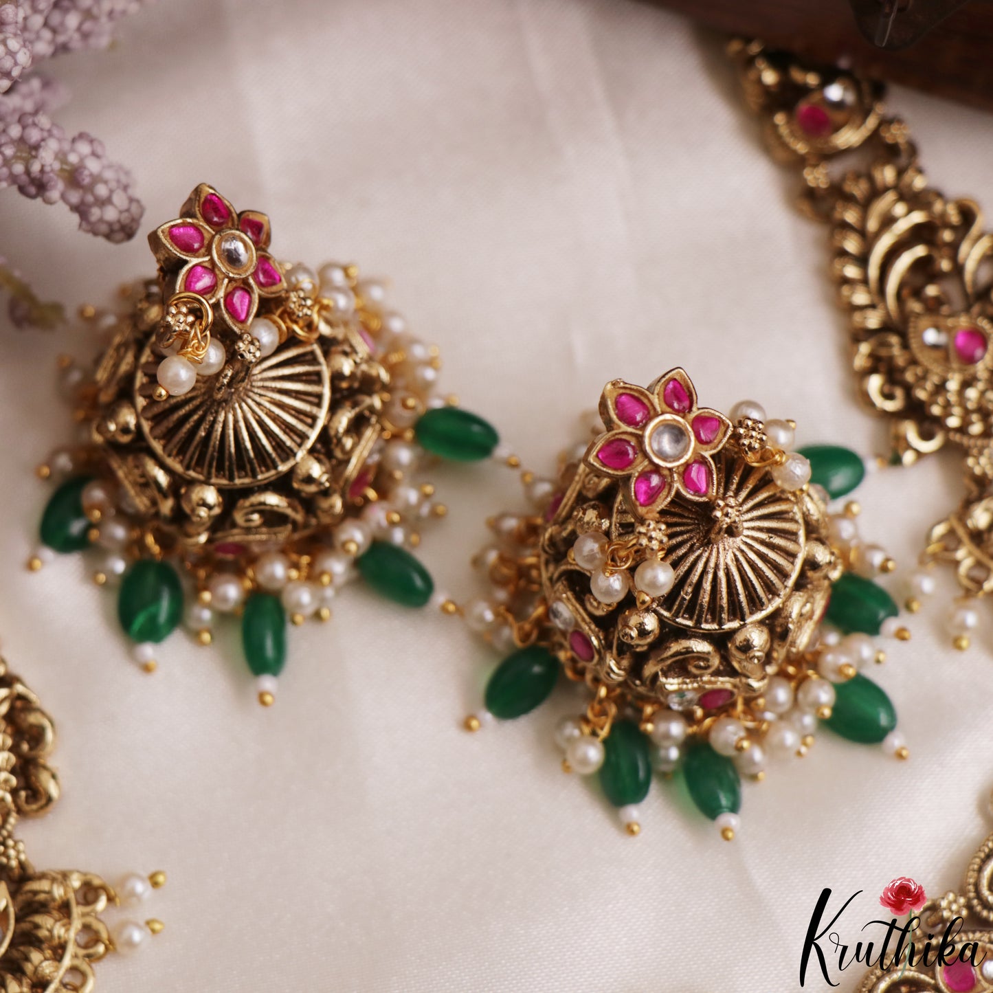 Stunning Antique Nagas Peacock Motifs Lakshmi Kasu Necklace With Green Bead Drops NC3149