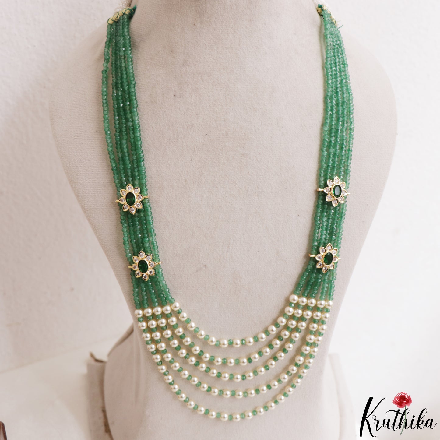 Elegant Multi Layered Crystal & Pearl Haaram with Floral Accents LH2208
