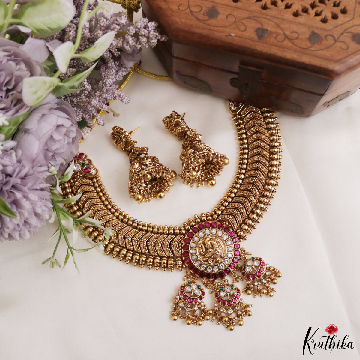 Elegant Peacock Gold Replica Jadau Necklace Set with Triple Earring Hangings NC3312