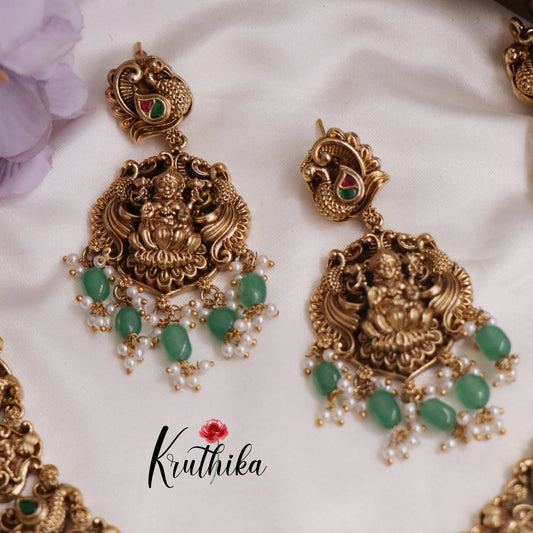 Premium Bridal Three Layer Temple Lakshmi and Peacock Jadau Necklace with Pastel Green Beads NC2260
