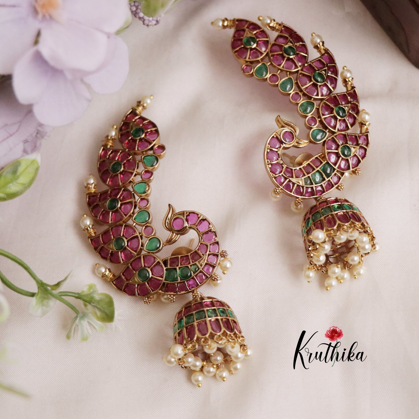 Grand Kemp Ruby Peacock AD Earcuff with Jhumkas E651